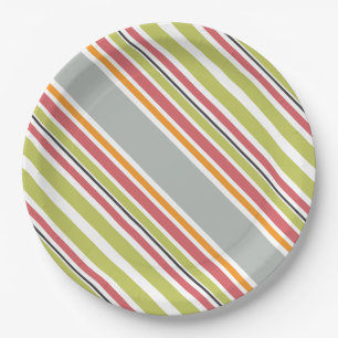 Plato De Papel Rayas verde gris naranja rosa