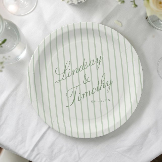 Plato De Papel Rayas Verde Salvia Boda Retro (Subido por el creador)