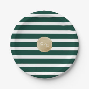 Plato De Papel Rayas verdes monograma moderno simple boda