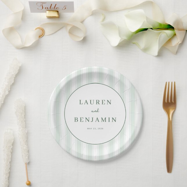 Plato De Papel Rayas Verdes Pálidas Serenas (Boda)