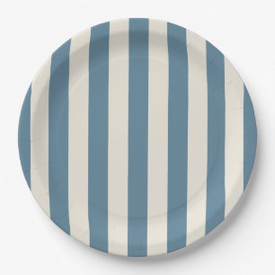 Plato De Papel Rayas Verticales Azules y Crema