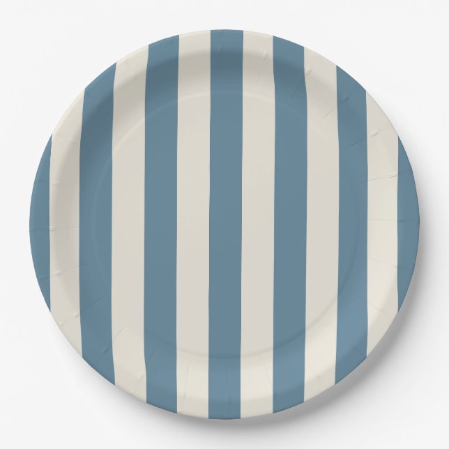 Plato De Papel Rayas Verticales Azules y Crema (Anverso)