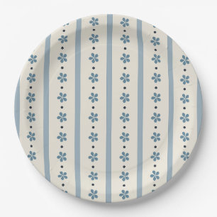 Plato De Papel Rayas y Flores Azules y Crema