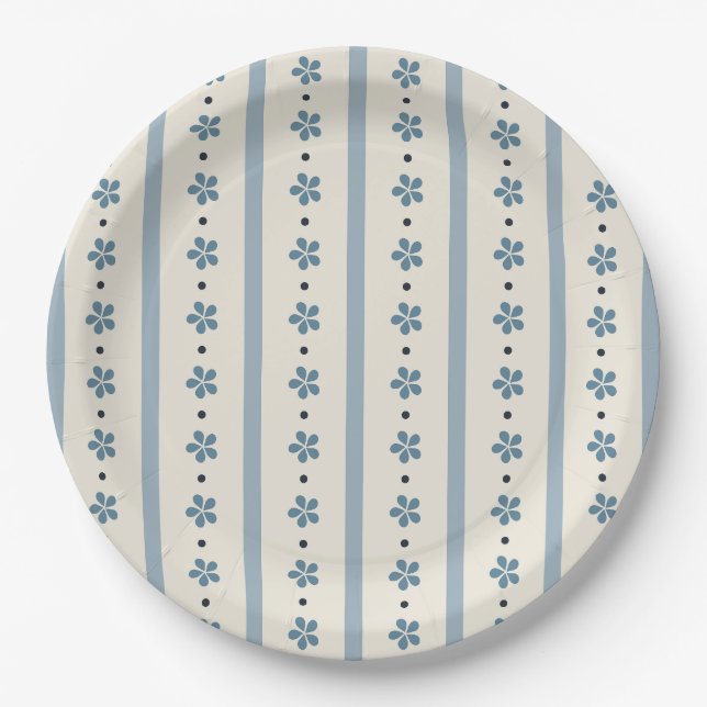 Plato De Papel Rayas y Flores Azules y Crema (Anverso)
