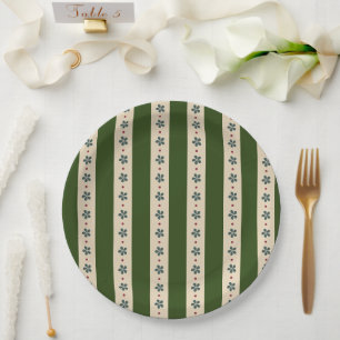 Plato De Papel Rayas y Flores Verdes y Crema