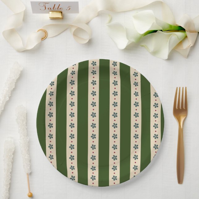 Plato De Papel Rayas y Flores Verdes y Crema (Boda)