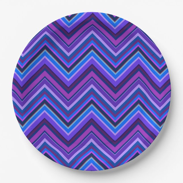 Plato De Papel Rayas zigzag azules y violetas (Anverso)