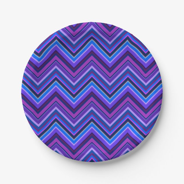 Plato De Papel Rayas zigzag azules y violetas (Anverso)