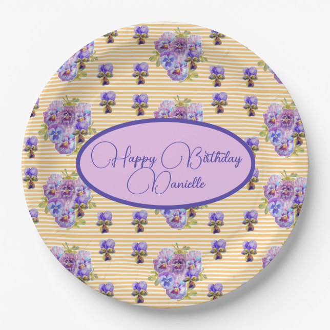 Plato De Papel Rayo amarilla Shabby Chic floral Cumpleaños (Anverso)