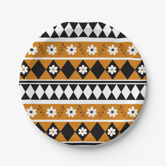 Plato De Papel Rayo de borde Flor Diamante Boho Patrón floral (Anverso)