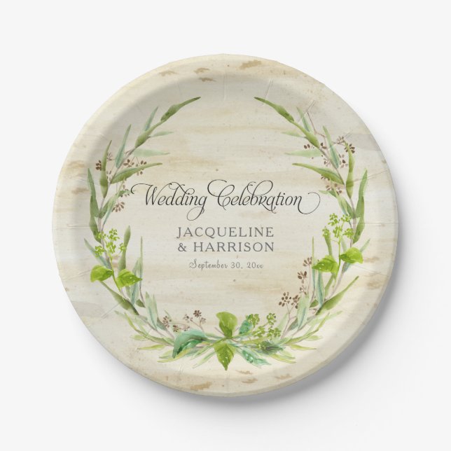 Plato De Papel Recepción BOHO Wreath Leaf Birch Wood Rustic Fall (Anverso)