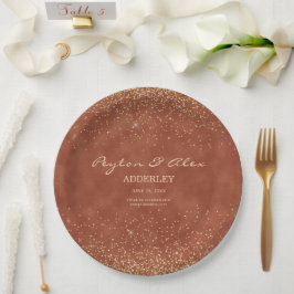 Plato De Papel Recepción de boda con brillo de oro terracota