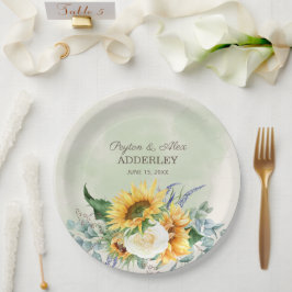 Plato De Papel Recepción de Boda de Girasoles Hojas de Eucalipto