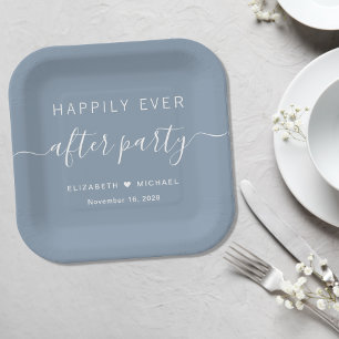 Plato De Papel Recepción de Boda Dusty Blue Felices para Siempre