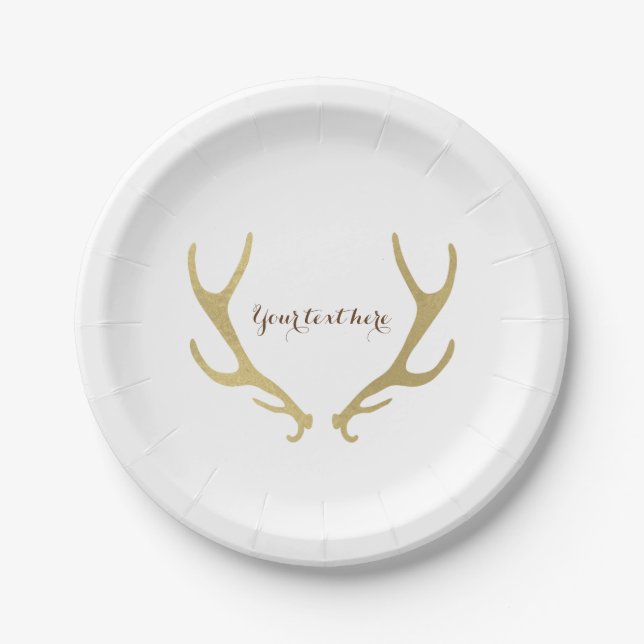 Plato De Papel Recepción de Boda Glam con Cuernos Rústicos Dorado (Anverso)
