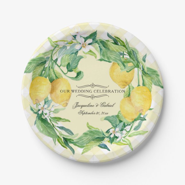 Plato De Papel Recepción de bodas Gingham Lemon Floral Leaf Wreat (Anverso)