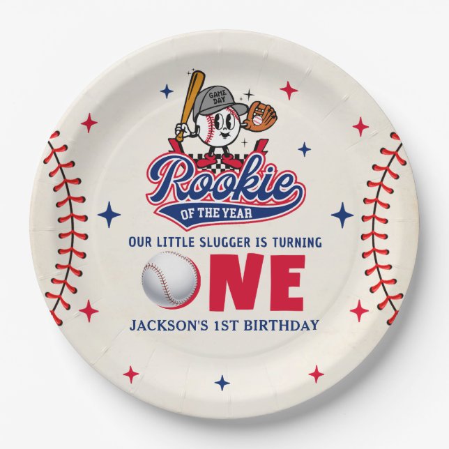 Plato De Papel Recluta Retro del Año Béisbol 1er Cumpleaños (Anverso)