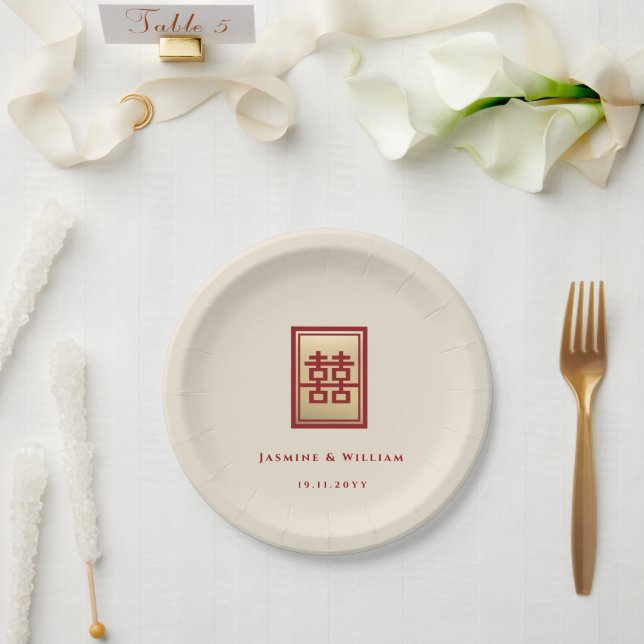 Plato De Papel Rectángulo dorado doble felicidad Boda chino (Boda)