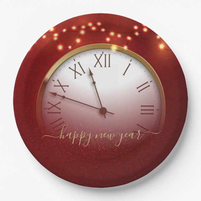 Plato De Papel Red and Gold New Year’s Card with Midnight Clock (Anverso)