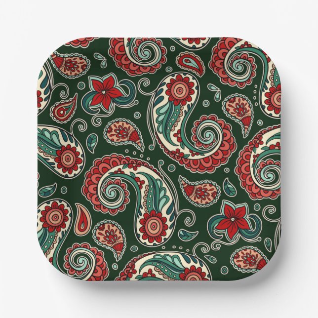 Plato De Papel Red and Green Paisley Square Paper Plates (Anverso)