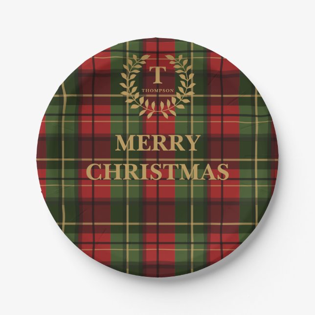 Plato De Papel Red And Green Plaid Family Name Christmas (Anverso)