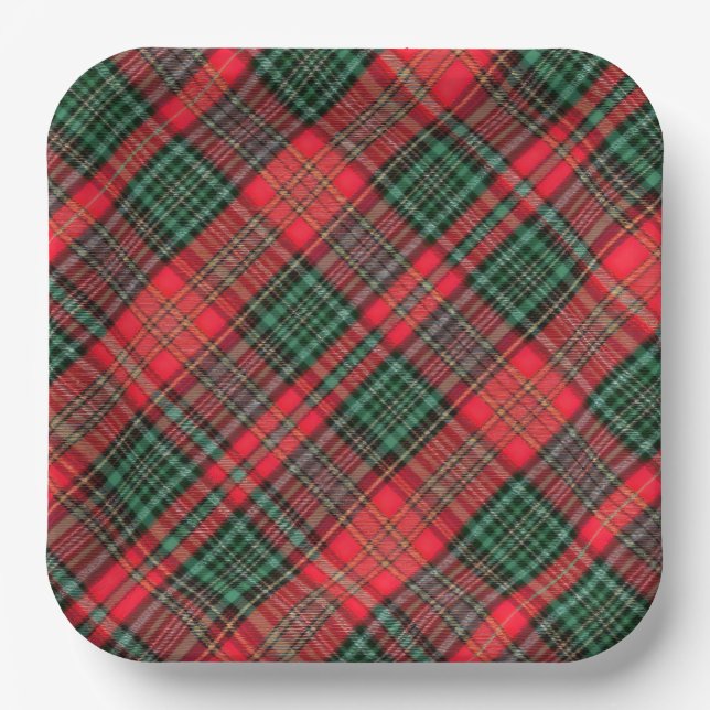Plato De Papel Red and Green Scottish Diagonal Tartan Plaid (Anverso)