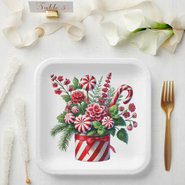 PLATO DE PAPEL RED AND GREEN STRIPED HOLIDAY CHRISTMAS CANDY (Boda)