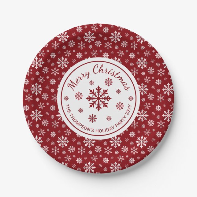 Plato De Papel Red And White Snowflakes Custom Christmas Party (Anverso)