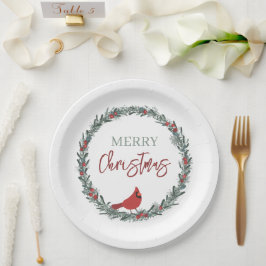 Plato De Papel Red Berries Wreath and Red Cardinal Christmas