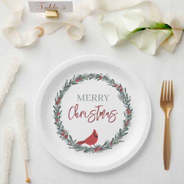 Plato De Papel Red Berries Wreath and Red Cardinal Christmas  (Boda)