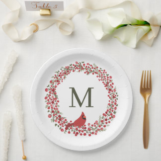 Plato De Papel Red Berries Wreath and Red Cardinal Monogram