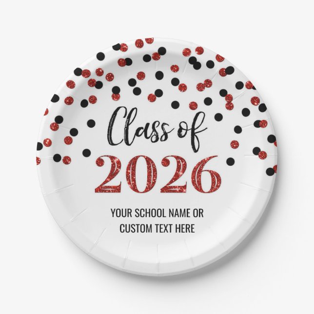 Plato De Papel Red Black Confetti Graduation 2026 (Anverso)