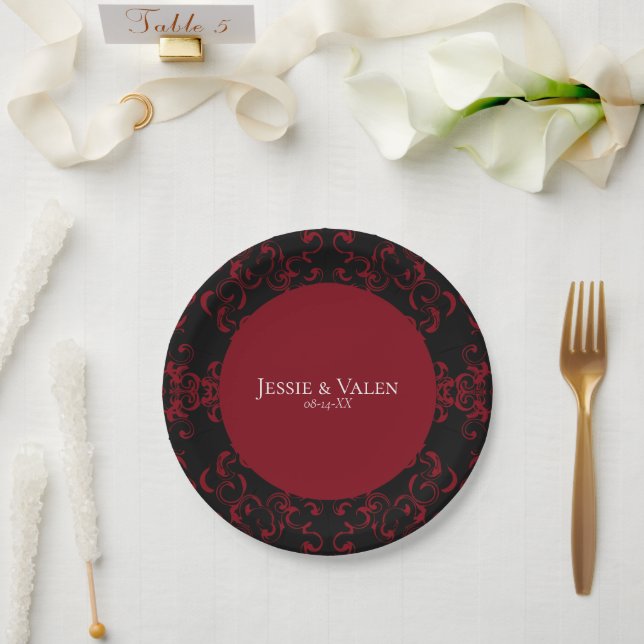 Plato De Papel Red & Black Swirl Gothic Boda (Boda)