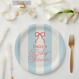 Plato De Papel Red Bow & Blue Stripes Baby Shower