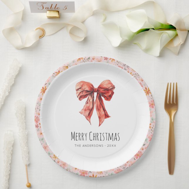 Plato De Papel Red Bow Coquette Elegent Floral Navidades (Boda)