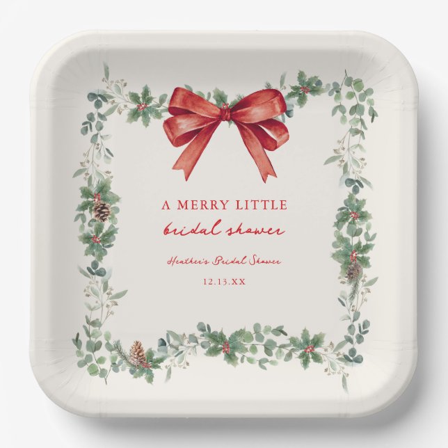 Plato De Papel Red Bow Merry Little Christmas Bridal Shower (Anverso)