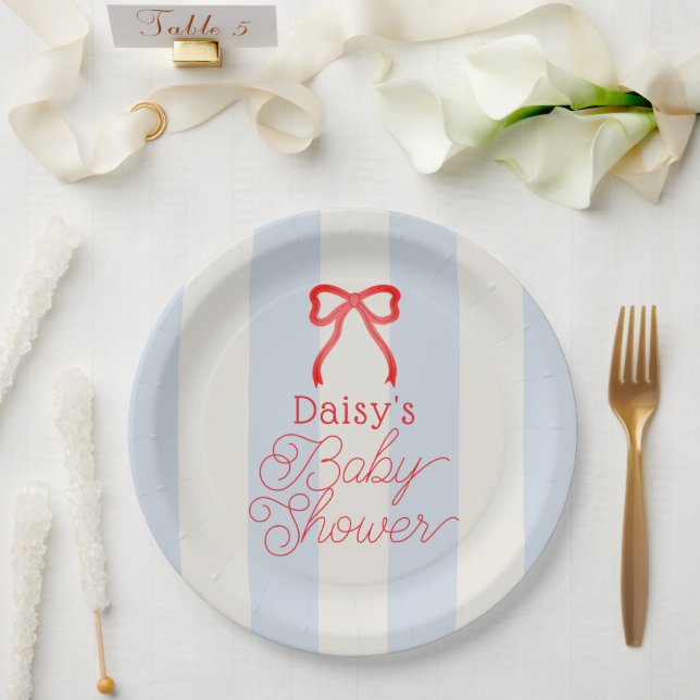 Plato De Papel Red Bow & Pale Blue Stripes Baby Shower (Boda)