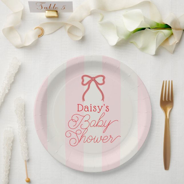 Plato De Papel Red Bow & Pink Stripes Baby Shower (Boda)