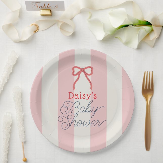 Plato De Papel Red Bow & Pink Stripes Baby Shower (Boda)