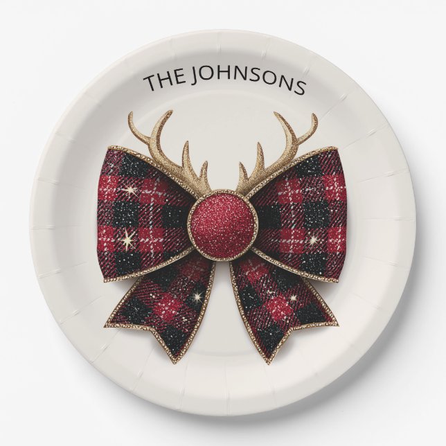 Plato De Papel Red Buffalo Plaid Christmas Bow Paper Plates (Anverso)