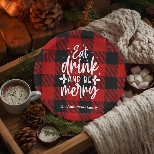 Plato De Papel Red Buffalo Plaid “Eat, Drink & Be Merry”  (Subido por el creador)
