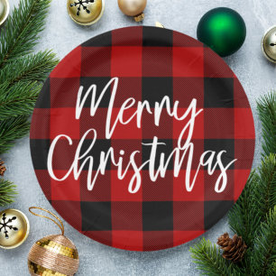 Plato De Papel Red Buffalo Plaid & Merry Christmas Nombre persona