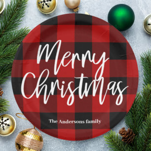 Plato De Papel Red Buffalo Plaid & Merry Christmas Nombre persona