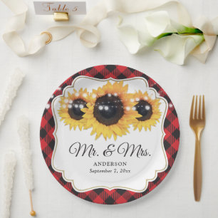 Plato De Papel Red Buffalo Plaid Sunflower Mr y Mrs Boda