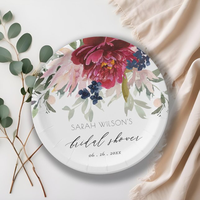 Plato De Papel Red Burgundy Rubor Blue Floral Bridal Shower (Subido por el creador)