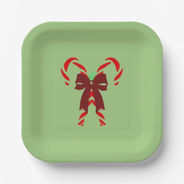 Plato De Papel Red Candy Canes with Pine Needles & Bow (Anverso)