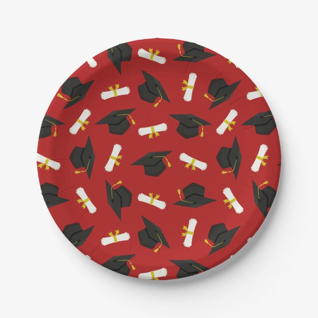 Plato De Papel Red Caps Diplomas Pattern Graduation Party (Anverso)