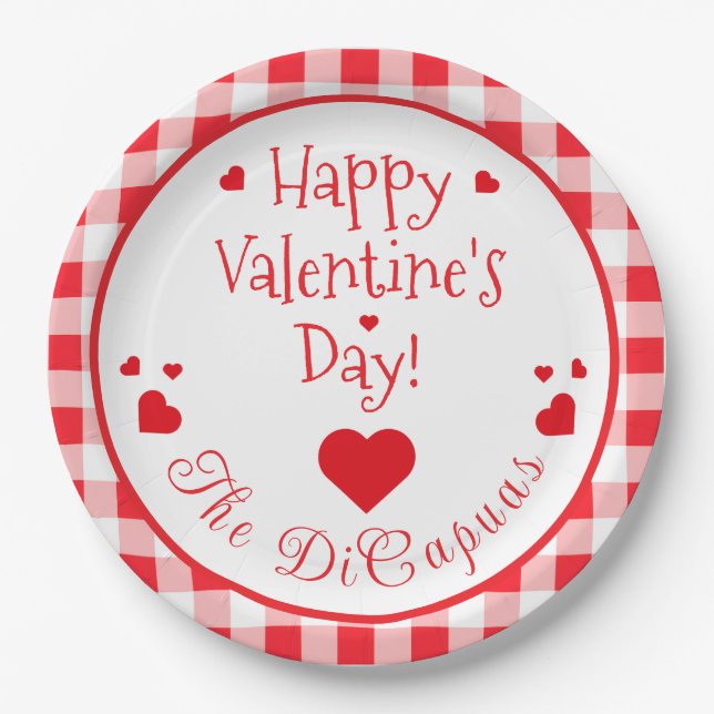 Plato De Papel Red Check Red Hearts Whimsical Valentine's Day (Anverso)