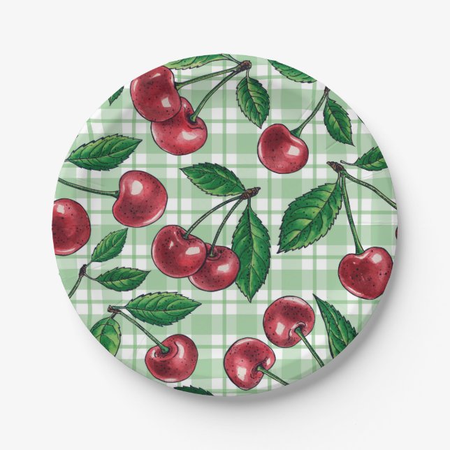 Plato De Papel Red cherries on light green gingham (Anverso)