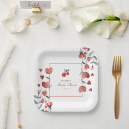 Plato De Papel Red Cherry Heart Floral Baby Shower